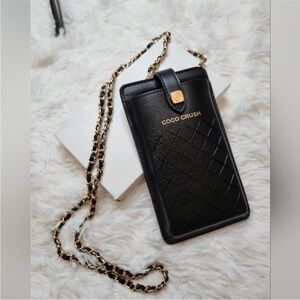 Coco Crush Black Vegan Leather Smart Phone Holder with Classic Chain Strap. New